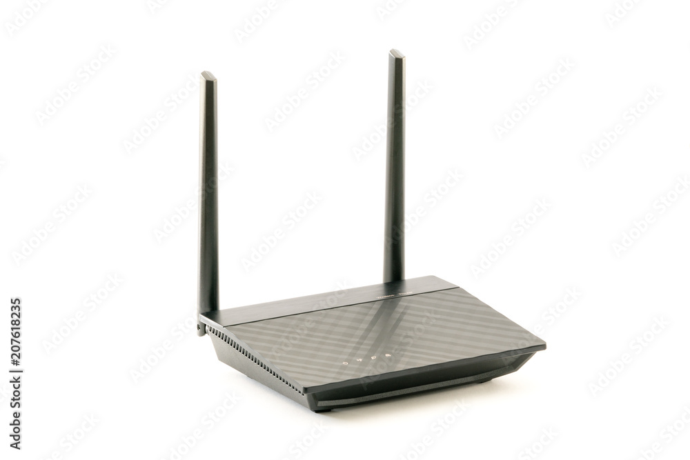 Fototapeta premium Black Wireless internet network wi-fi Router with two antenna isolated on white background. With clipping path. Design element.