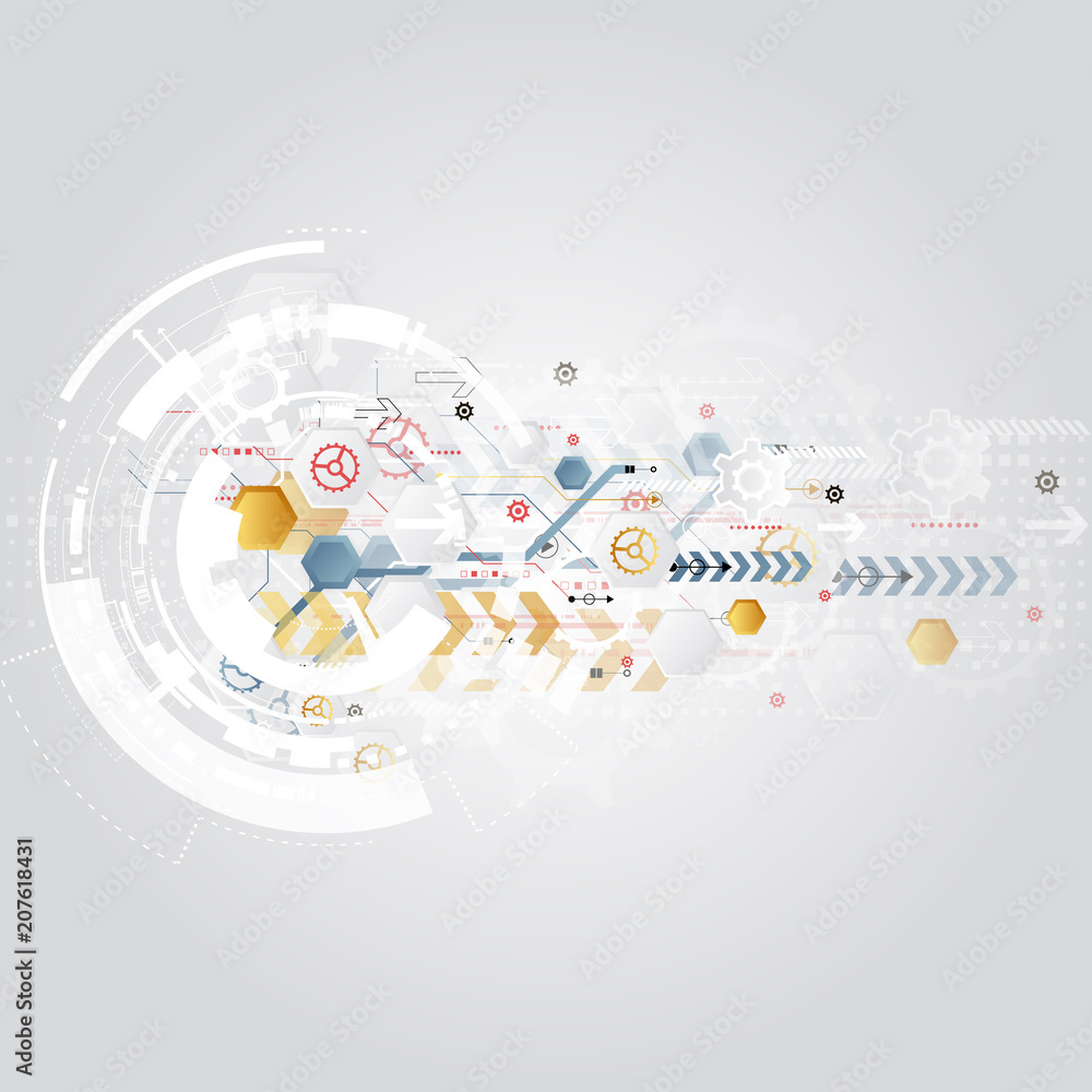 Engineering technology various multicolour elements witn geometric shape, digital space for content, network, business tech presentation on light background, futuristic interface. copy space vector 