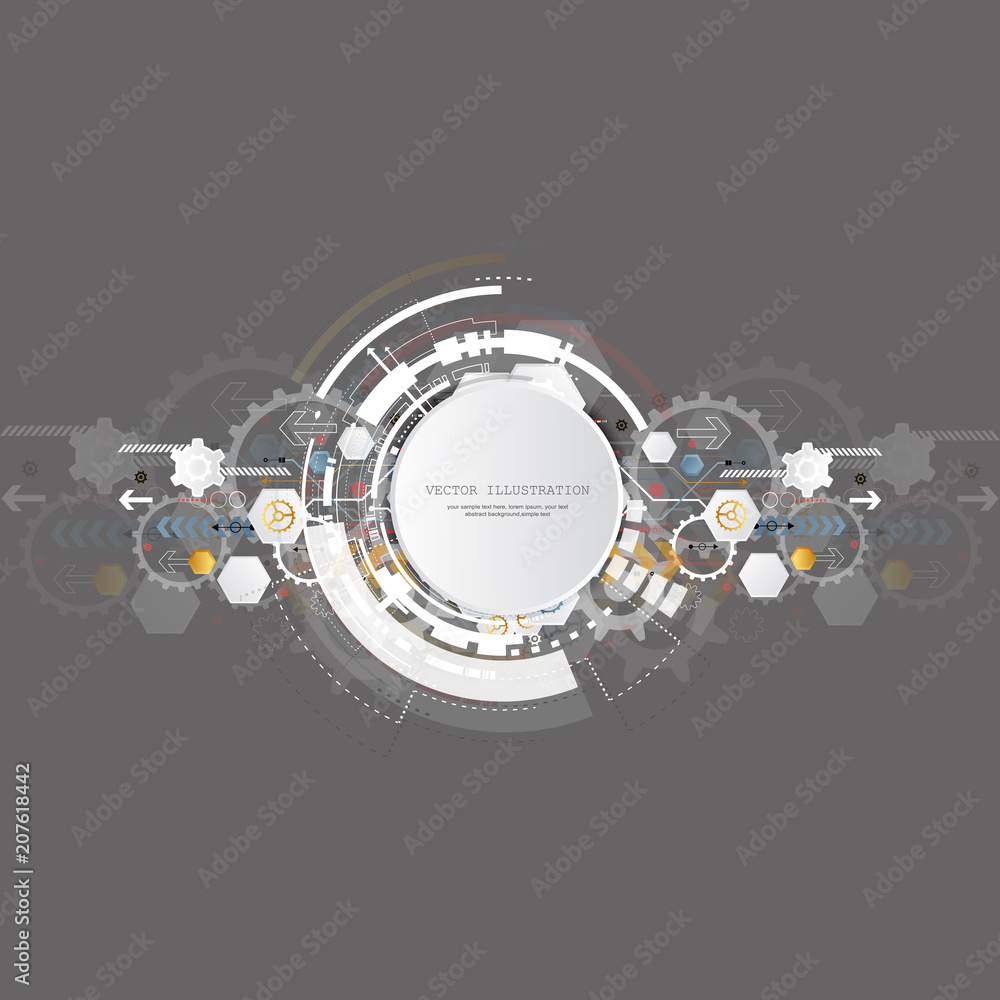 Engineering technology various multicolour elements witn geometric shape, digital space for content, network, business tech presentation on dark background, futuristic interface.  vector ilustration