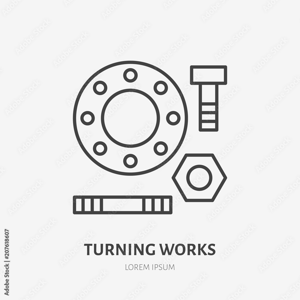 Milling and turning works flat line icon. Metal parts sign. Thin linear logo for welding services. Milling and turning works flat line icon. Metal parts sign. Thin linear logo for welding services.