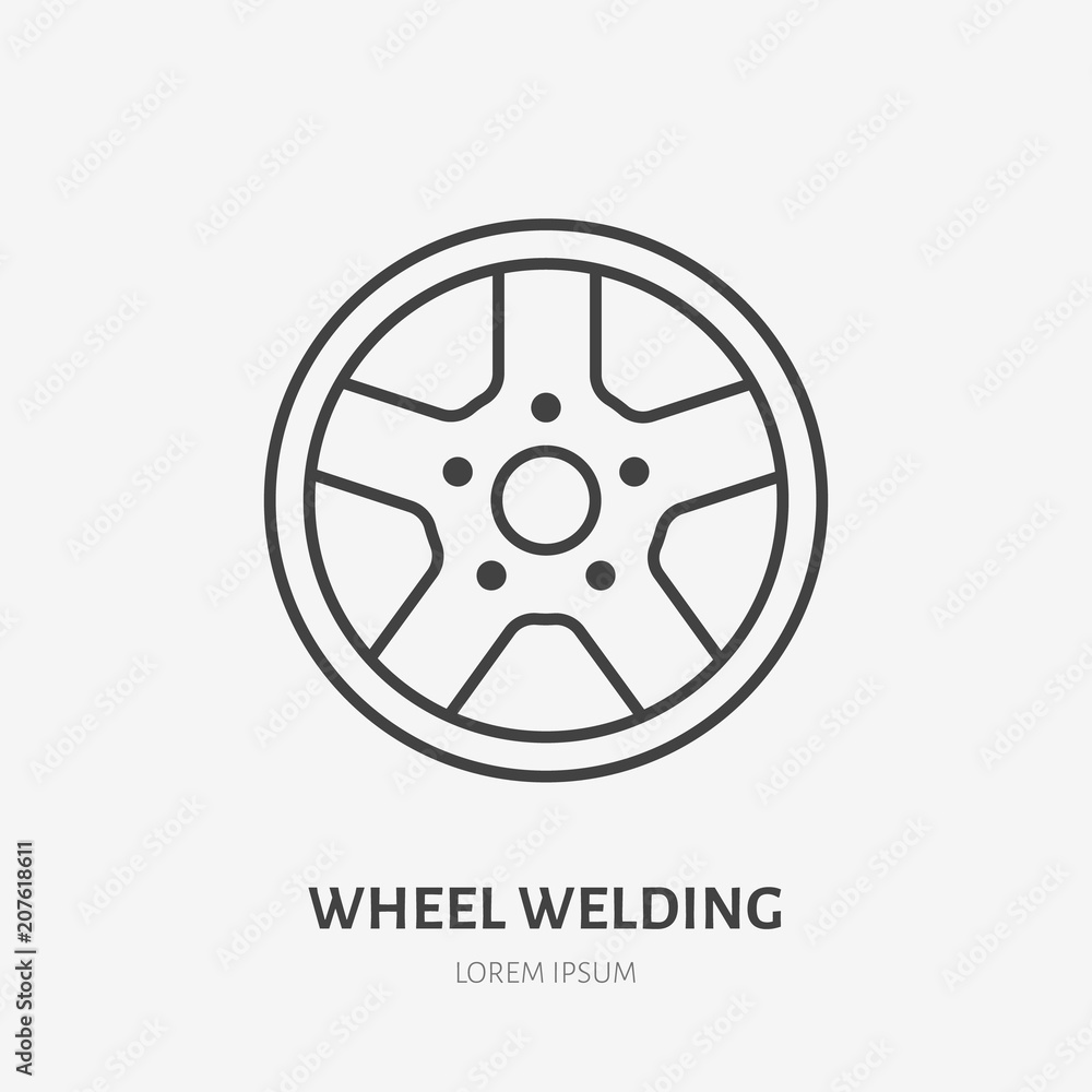 Car wheels flat line icon. Disks welding sign. Thin linear logo for welding services.