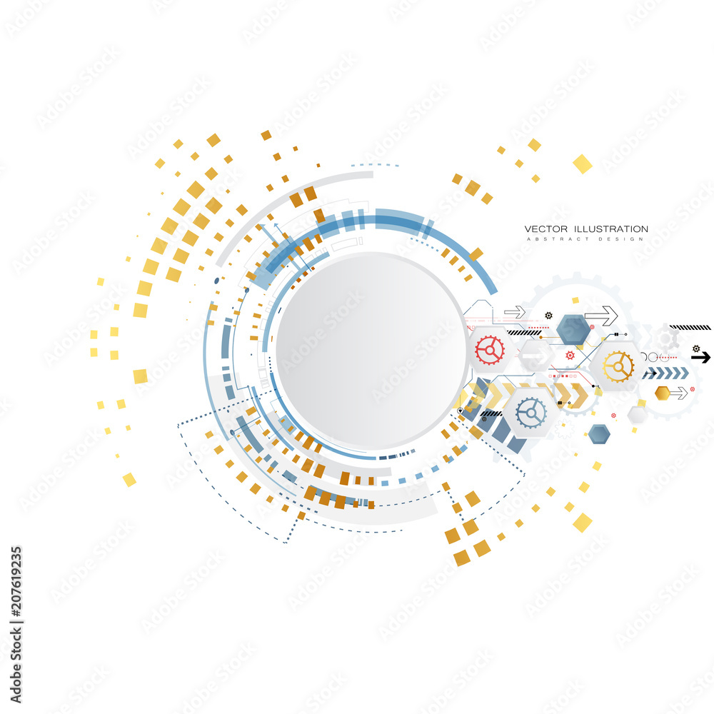 Engineering technology various multicolour elements witn geometric shape, digital space for content, network, business tech presentation on light background, futuristic interface. vector ilustration