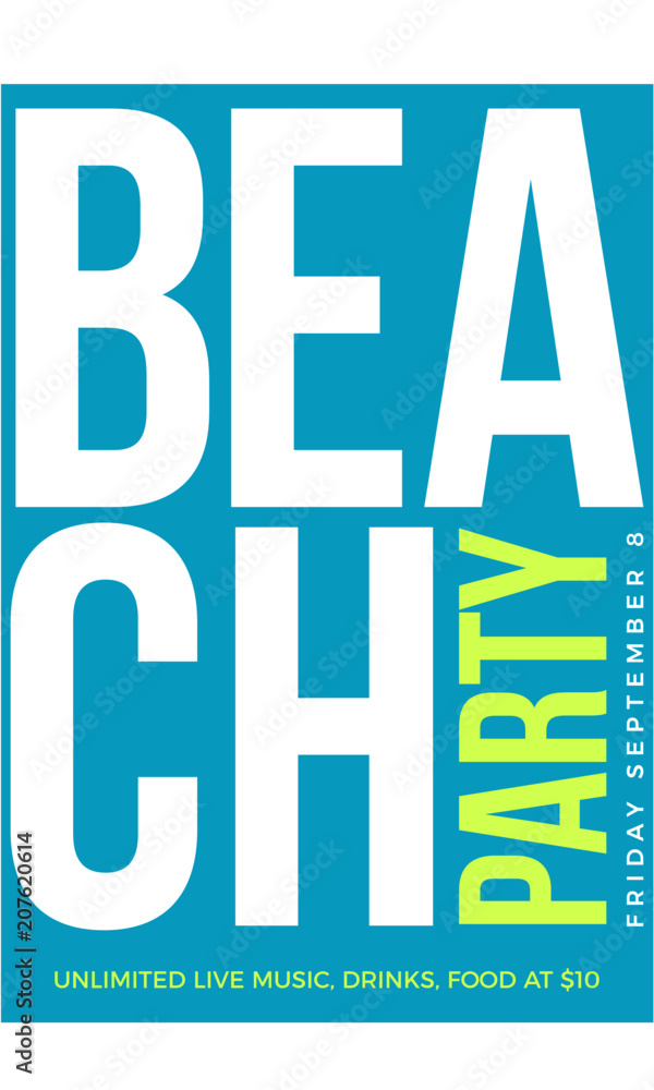 Beautiful Beach Party poster template  Typographical modern design for promotion in clubs, bars, pubs and public places | Music themed wall art.