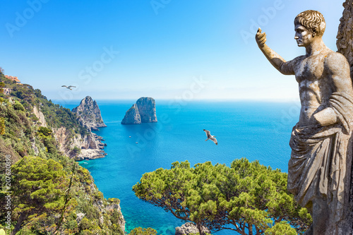 Collage with Faraglioni Rocks and statue of Emperor Augustus in Capri, Italy photo