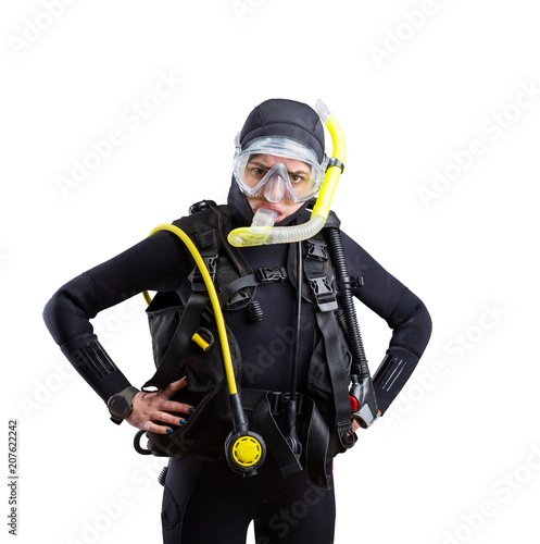 Diver in wetsuit and diving gear, white background