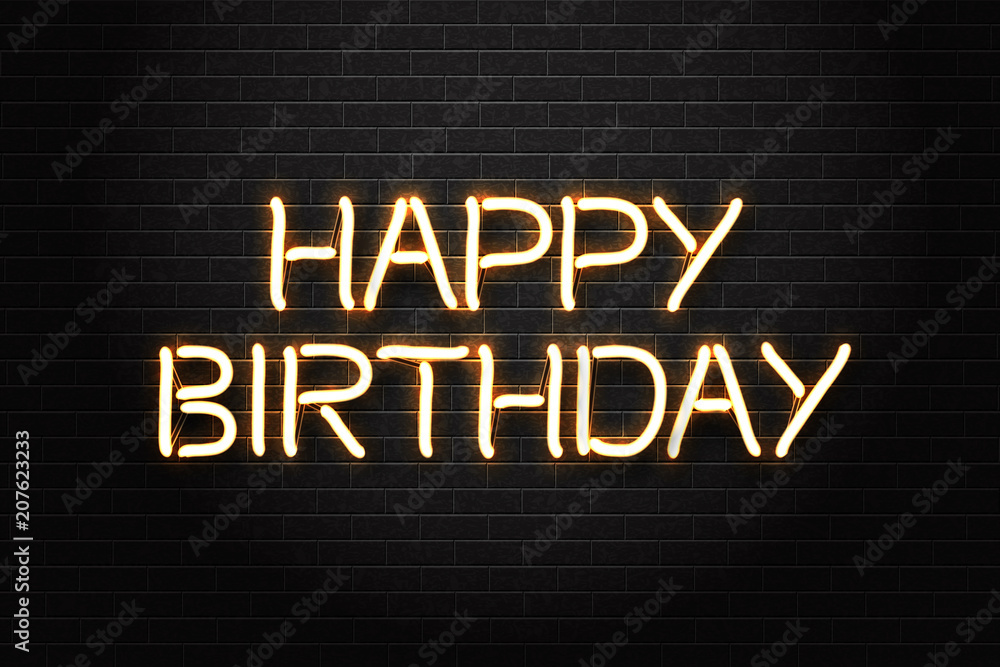 Obraz premium Vector realistic isolated neon sign of Happy Birthday lettering logo for decoration and covering on the wall background. Concept of holiday and celebration.