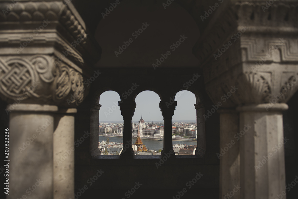 parliament and danube river framed from window