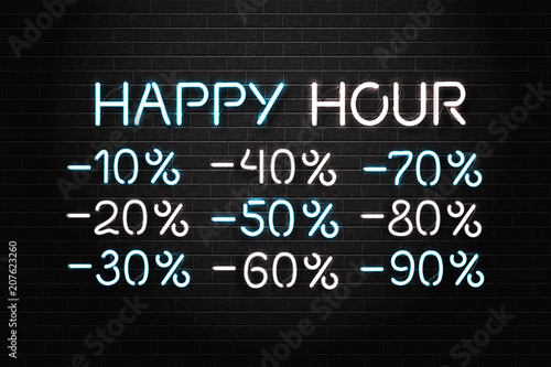 Vector realistic isolated neon sign of Happy Hour lettering with discount numbers for decoration and covering on the wall background. Concept of night club, free drinks, bar counter and restaurant.