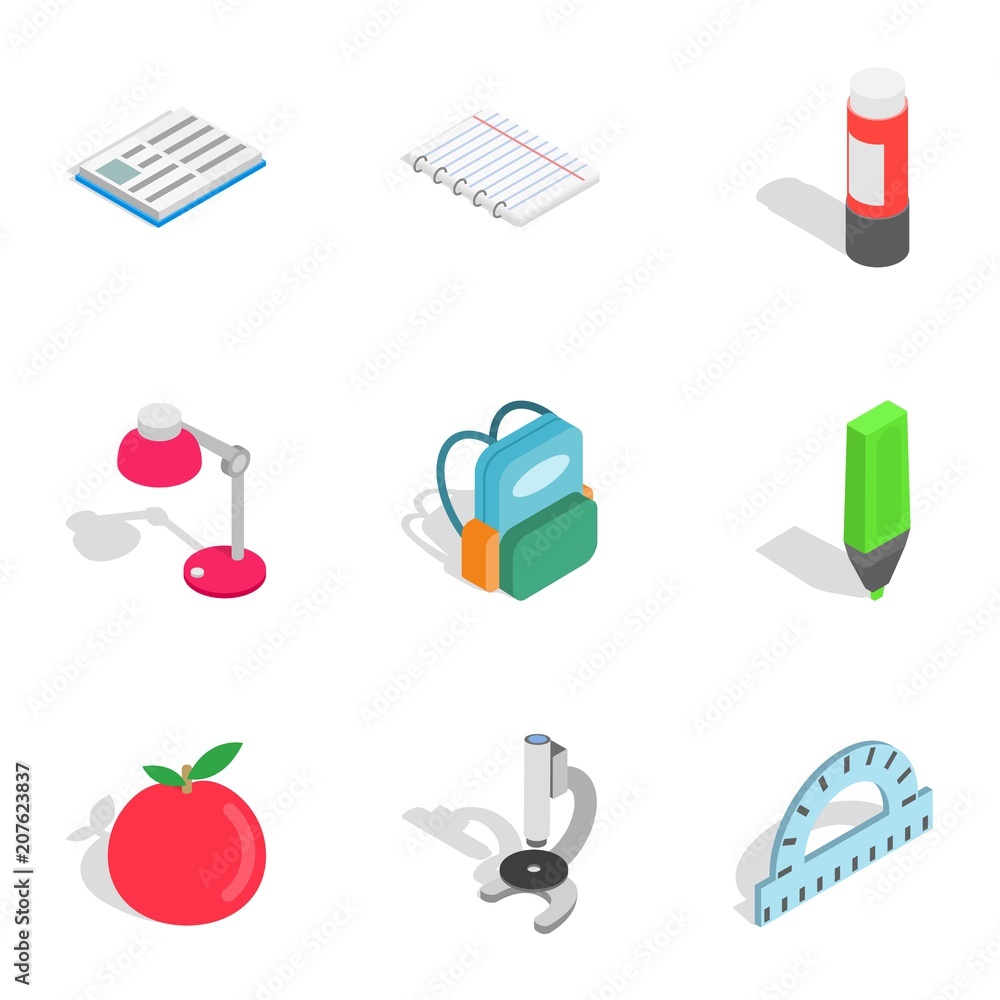 Education equipment icons set. Isometric 3d illustration of 9 education equipment vector icons for web