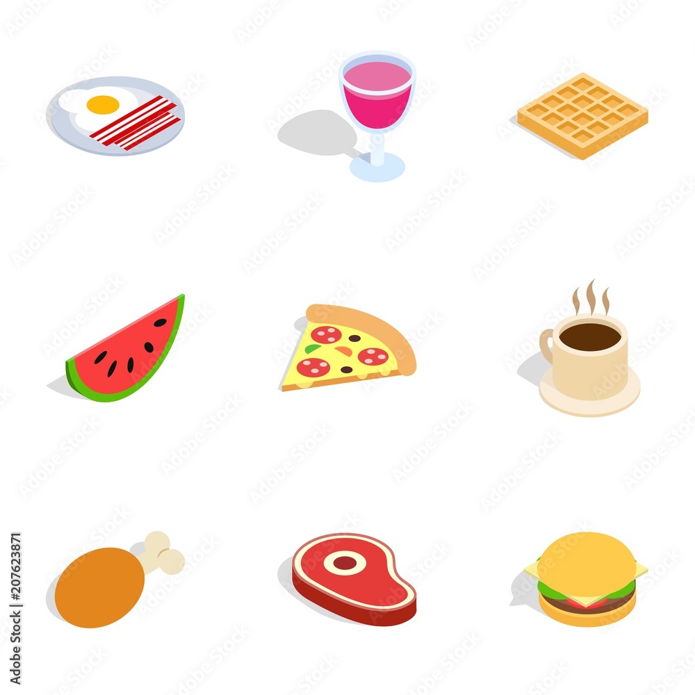 Food and drinks icons set. Isometric 3d illustration of 9 food and drinks vector icons for web