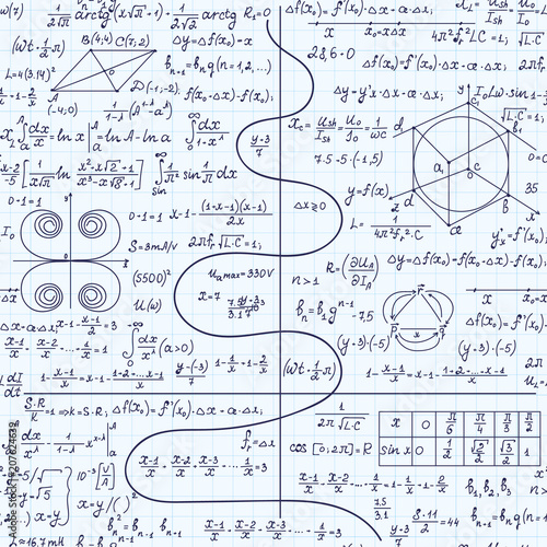 Math educational vector seamless pattern with formulas, equations, calculations, plots and figures,  handwritten with blue pen on grid copybook sheet of paper