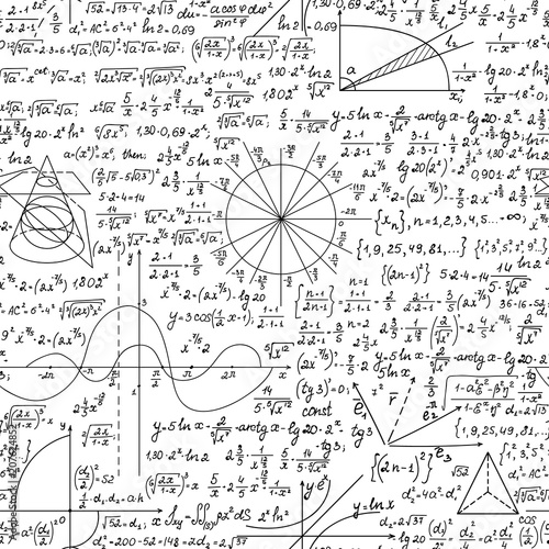 Mathematical scientific vector seamless pattern with handwritten formulas, calculations and   geometrical figures