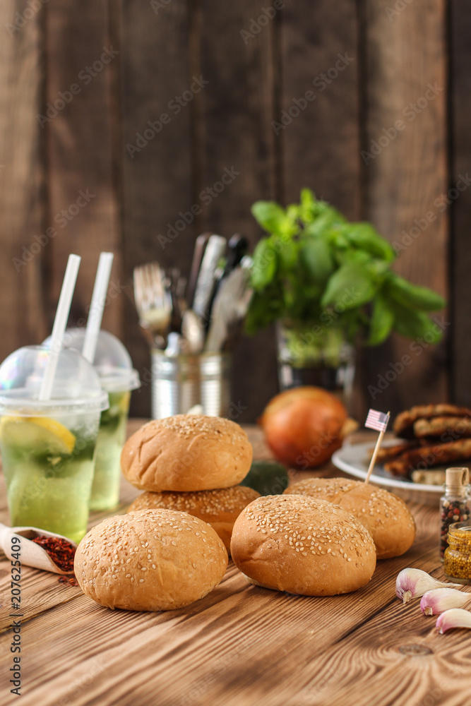round buns with sesame -  bun pastries (sandwich) - cuisine.  Food background