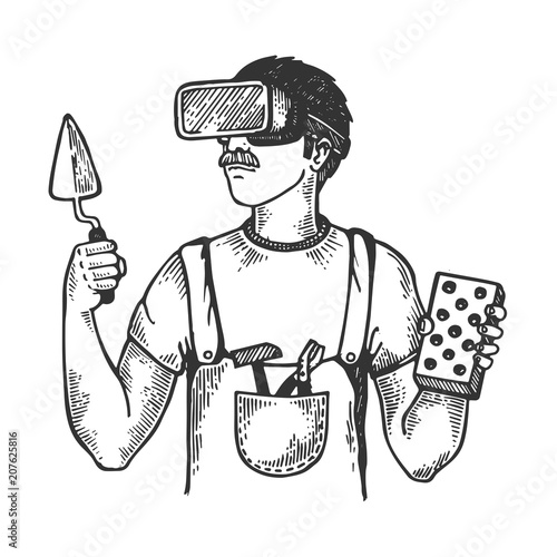 Builder in virtual reality helmet engraving vector