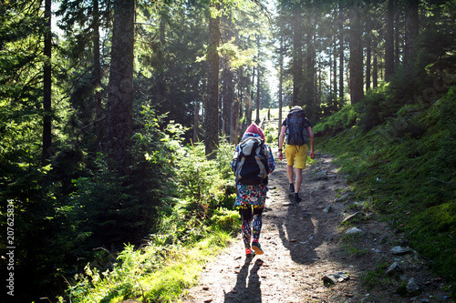 Quadro em tela Hikers on a trail in a wood