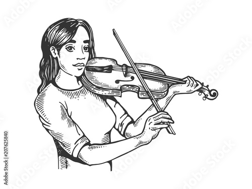 Girl and violin engraving vector illustration