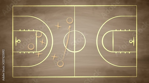 A working 3d rendering of a basketball field covered with crosses, zeroes and arrows. It shows how the team should play together to win the rival players. It looks successful and fine