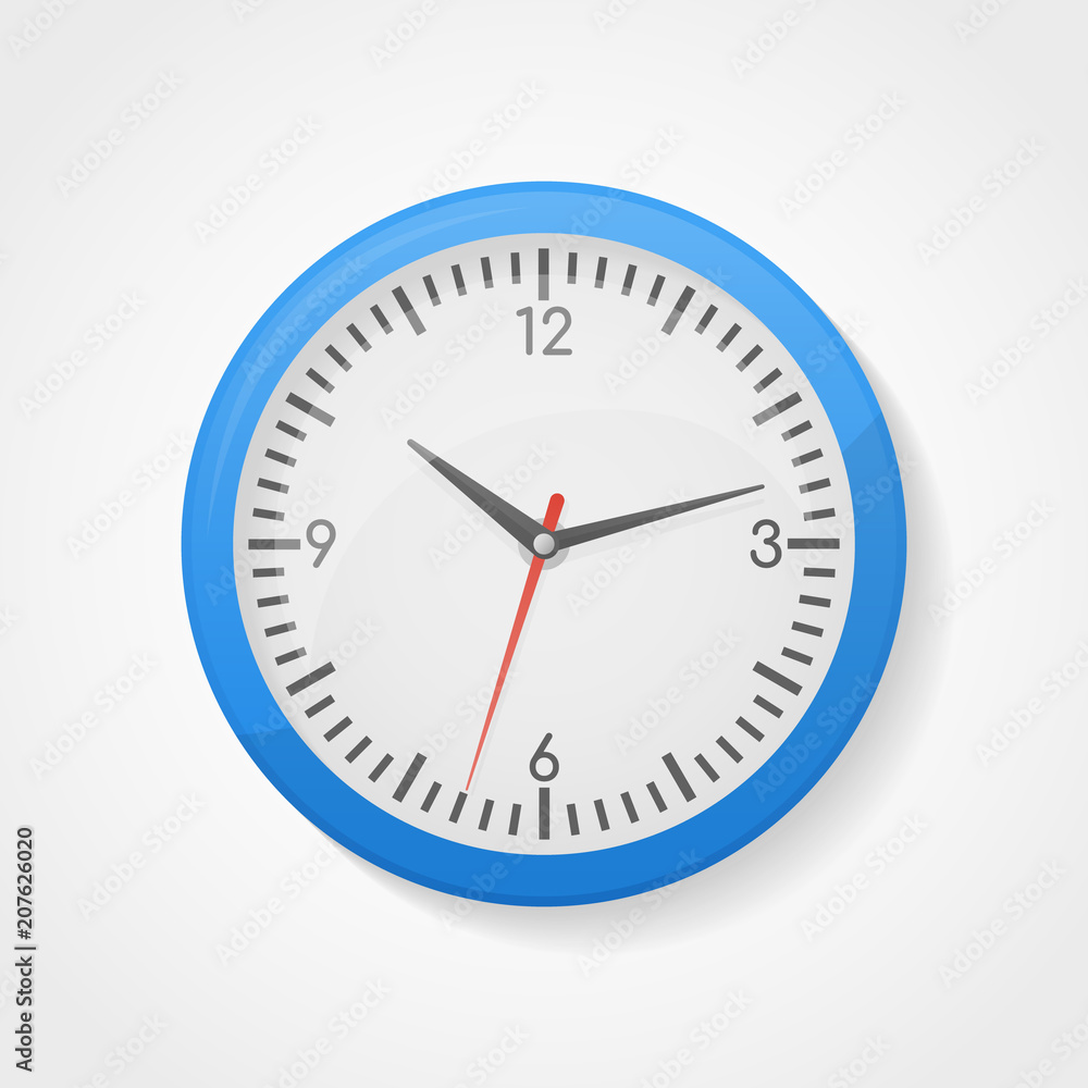 Blue wall office clock isolated on white background. Vector illustration. Blue wall office clock isolated on white background. Vector illustration.