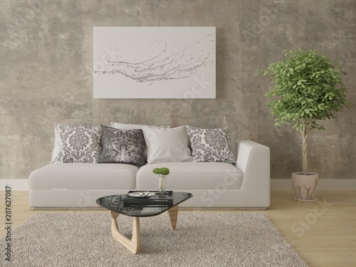 Mock up a bright living room with a compact comfortable sofa and hipster background.