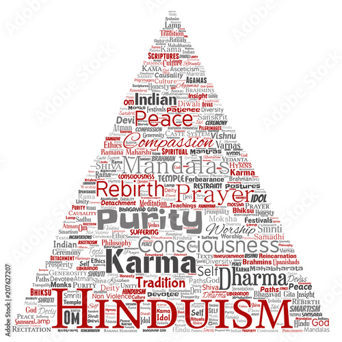 Vector conceptual hinduism, shiva, rama, yoga triangle arrow red word cloud isolated background. Collage of mandalas, samsara, celebration, tradition, peace, compassion, rebirth, karma, dharma concept