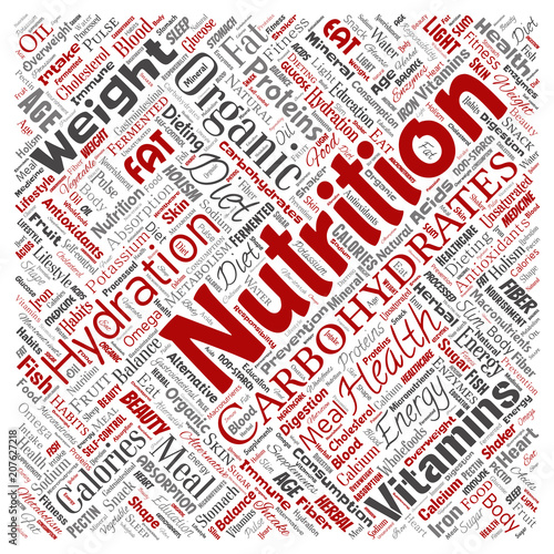 Vector conceptual nutrition health diet square red word cloud isolated background. Collage of carbohydrates, vitamins, fat, weight, energy, antioxidants beauty mineral, protein medicine concept
