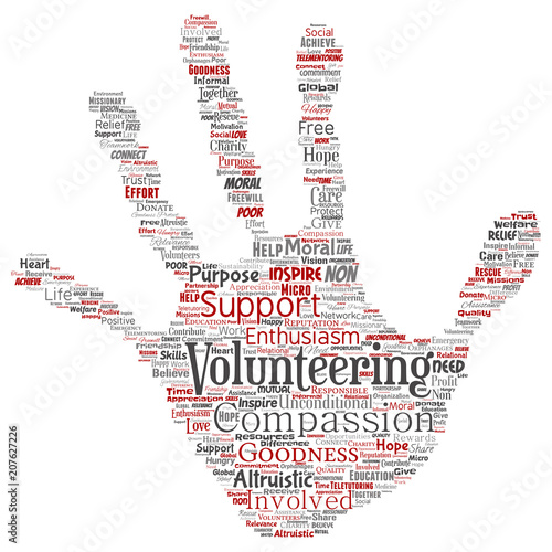 Vector conceptual volunteering, charity, humanitarian hand print stamp word cloud isolated background. Collage of selfless, support, philanthropy, nonprofit,  goodness, togetherness, giving concept