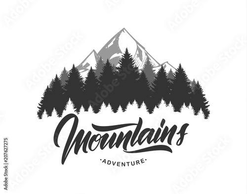Vector illustration: Mountains emblem with handwritten type lettering. Typography design.