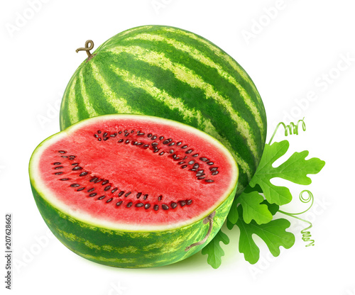 Isolated cut watermelon. One and half watermelon fruit with leaves isolated on white background