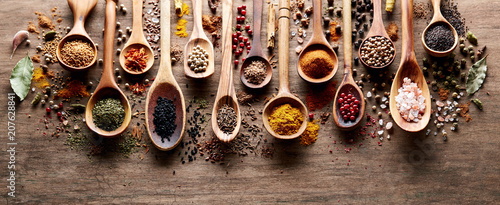Spices on wooden board