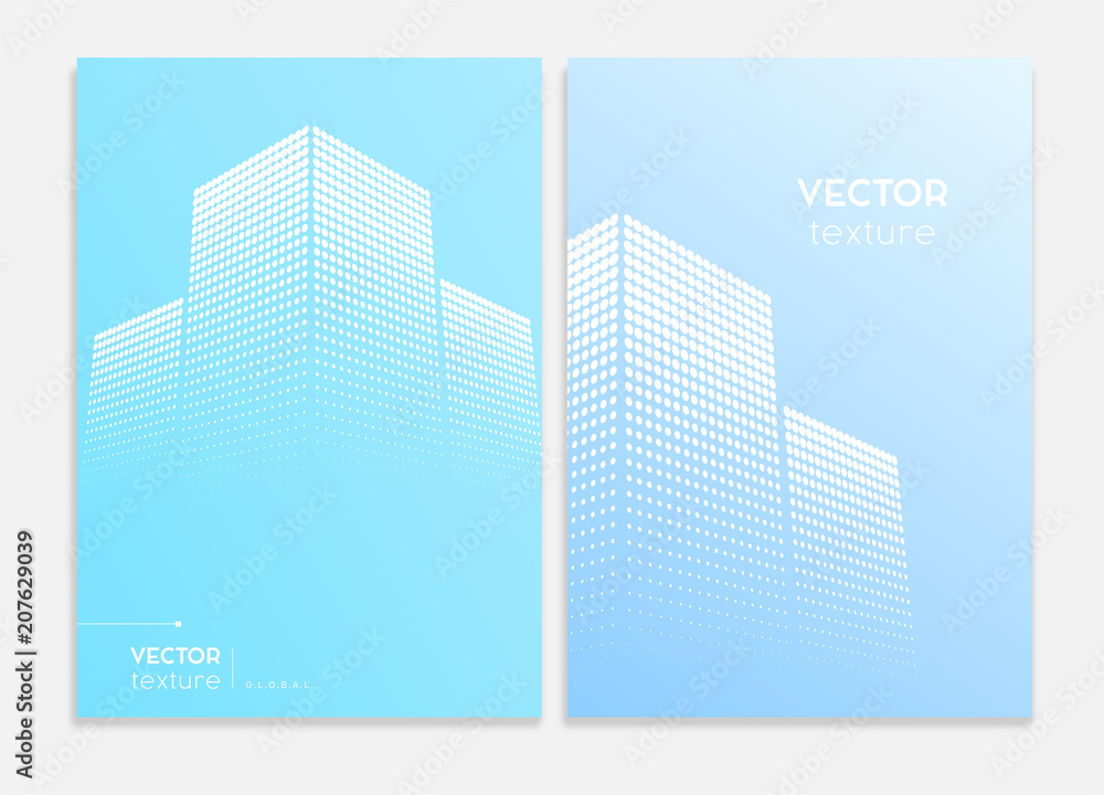 Skyscrapers halftone stylized office buildings for covers design, annual report, brochure template. Abstract high building city background.