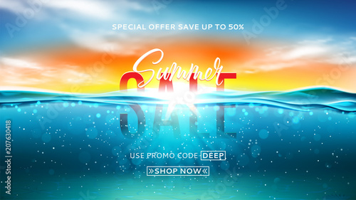 Summer sale background template. Vector illustration with deep underwater ocean scene. Background with realistic clouds and marine horizon.  © Yaran