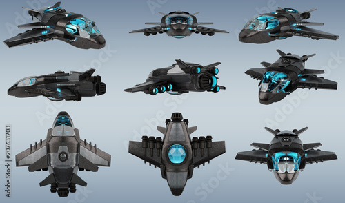 Fototapeta Naklejka Na Ścianę i Meble -  Futuristic spacecraft collection isolated on grey background 3D rendering