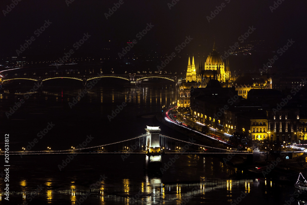 Budapest bridges and Parliament at night