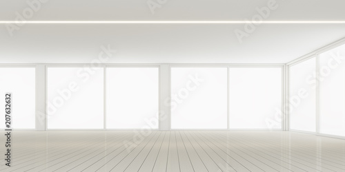 3D rendering of white room space with interior lighting and sun light cast the window shadow on the wall and plank wood floor,Perspective of minimal design architecture 