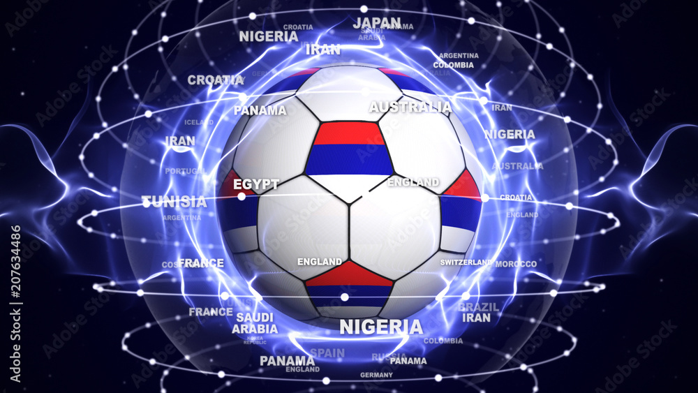 Fototapeta premium Soccer Ball and RUSSIA Flag in Blue Abstract Particles Ring, Background 