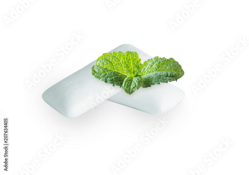 Chewing gum with fresh mint leaves isolated on white background photo