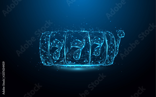 Slot machine with lucky sevens jackpot form lines, triangles, and particle on blue background. Illustration vector