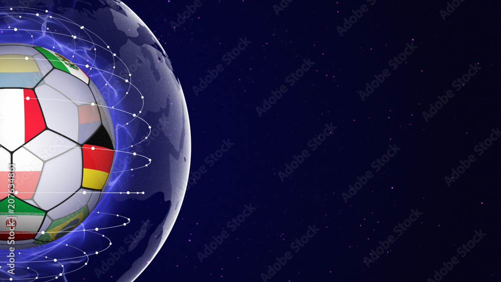 Fototapeta premium Soccer Ball and World Cup Team Flags in Blue Abstract Particles Ring, Background 