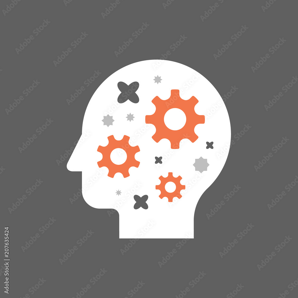 Brain gear, head with cogwheels, cognitive skill, technology people, creative workshop, potential development, brainstorm concept Brain gear, head with cogwheels, cognitive skill, technology people, creative workshop, potential development, brainstorm concept