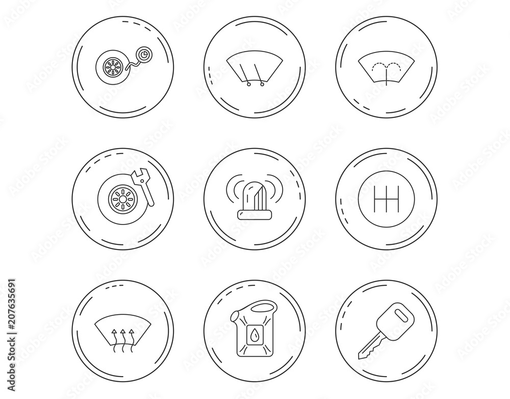 Manual gearbox, tire service and car key icons. Manual gearbox, tire service and car key icons.