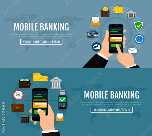 Money transaction, business, mobile banking and mobile payment. Set of business web banners. Vector illustration. Flat design. EPS10.
