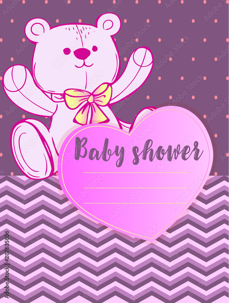 Baby shower vector with a pink toy teddy bear and a beautiful heart on a gradient background pattern. Idea for children's album and children's metrics