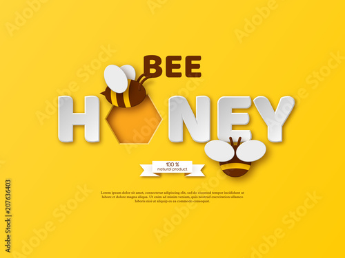 Bee honey typographic design. Paper cut style letters, comb and bee. Yellow background, vector illustration.