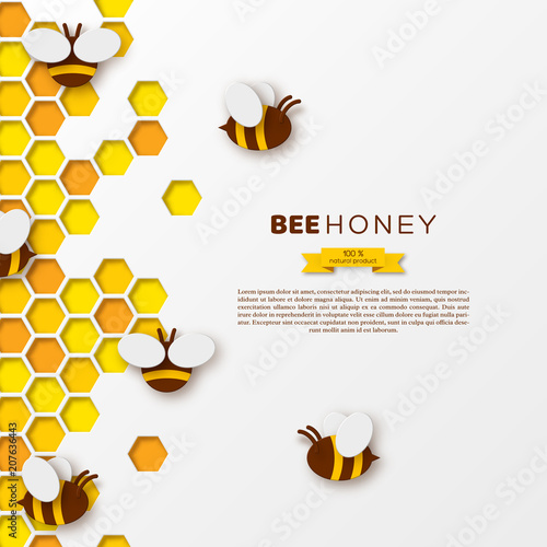 Bee with honeycombs, paper cut ctyle. Template design for beekiping and honey product, white background, vector illustration.