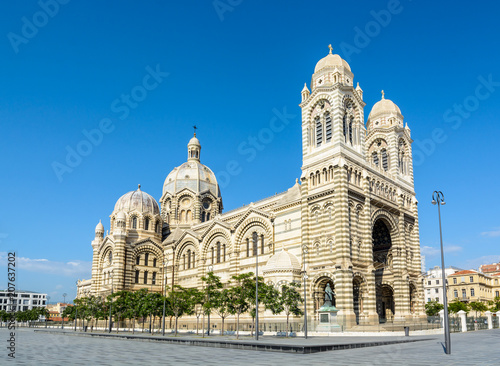 General view of the cathedral of Marseille, Sainte-Marie-Majeure, also known as La Major, a neo-byzantine style catholic building achieved in 1893 in the district of La Joliette. © olrat