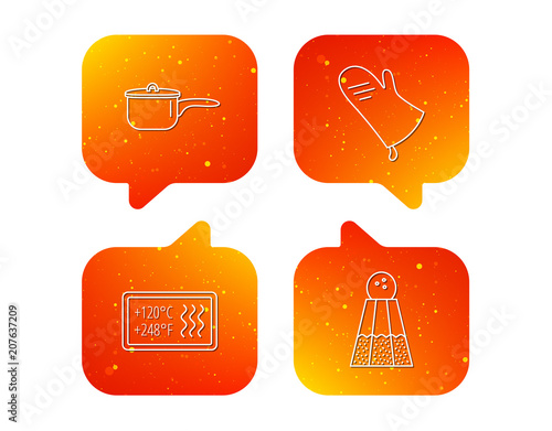 Saucepan, potholder and salt icons.