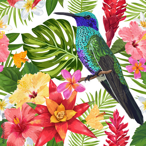 Floral Tropical Seamless Pattern with Exotic Flowers and Humming Bird. Blooming Flowers, Birds and Palm Leaves Background for Fabric, Wallpaper, Textile. Vector illustration