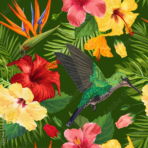 Floral Tropical Seamless Pattern with Exotic Flowers and Humming Bird. Blooming Flowers, Birds and Palm Leaves Background for Fabric, Wallpaper, Textile. Vector illustration