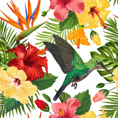 Floral Tropical Seamless Pattern with Exotic Flowers and Humming Bird. Blooming Flowers, Birds and Palm Leaves Background for Fabric, Wallpaper, Textile. Vector illustration