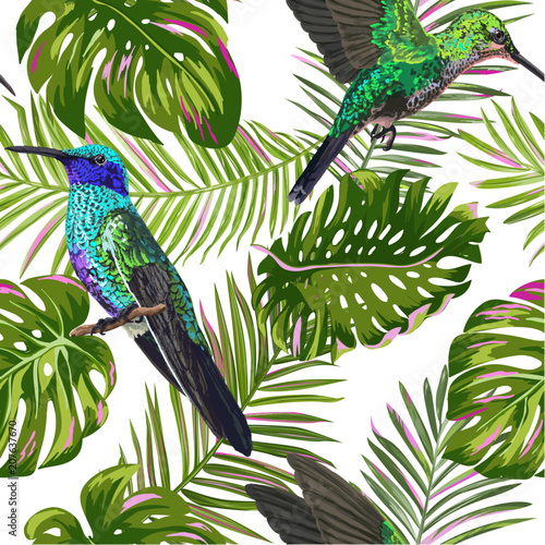 Floral Tropical Seamless Pattern with Humming Bird. Birds and Palm Leaves Background for Fabric, Wallpaper, Textile. Vector illustration